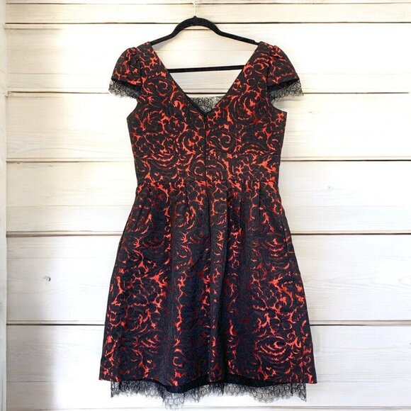 Nanette Lapore Black & Red Brocade & Lace Cocktail Dress With Cap Sleeves Sz 6 - Picture 6 of 8
